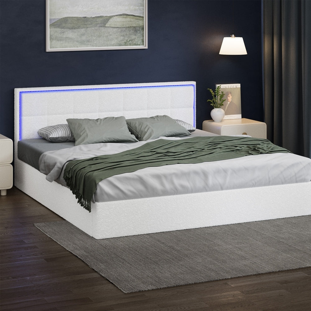 Oikiture Bed Frame King Size RGB LED Gas Lift Storage Base White Boucle