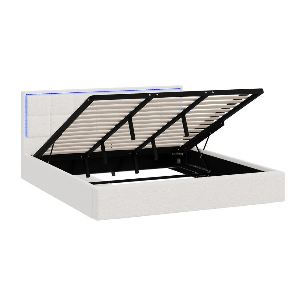 Oikiture Bed Frame King Size RGB LED Gas Lift Storage Base White Boucle