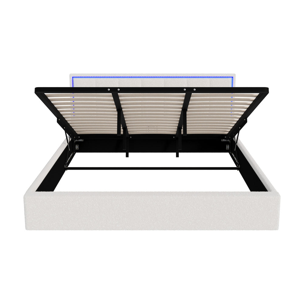 Oikiture Bed Frame King Size RGB LED Gas Lift Storage Base White Boucle
