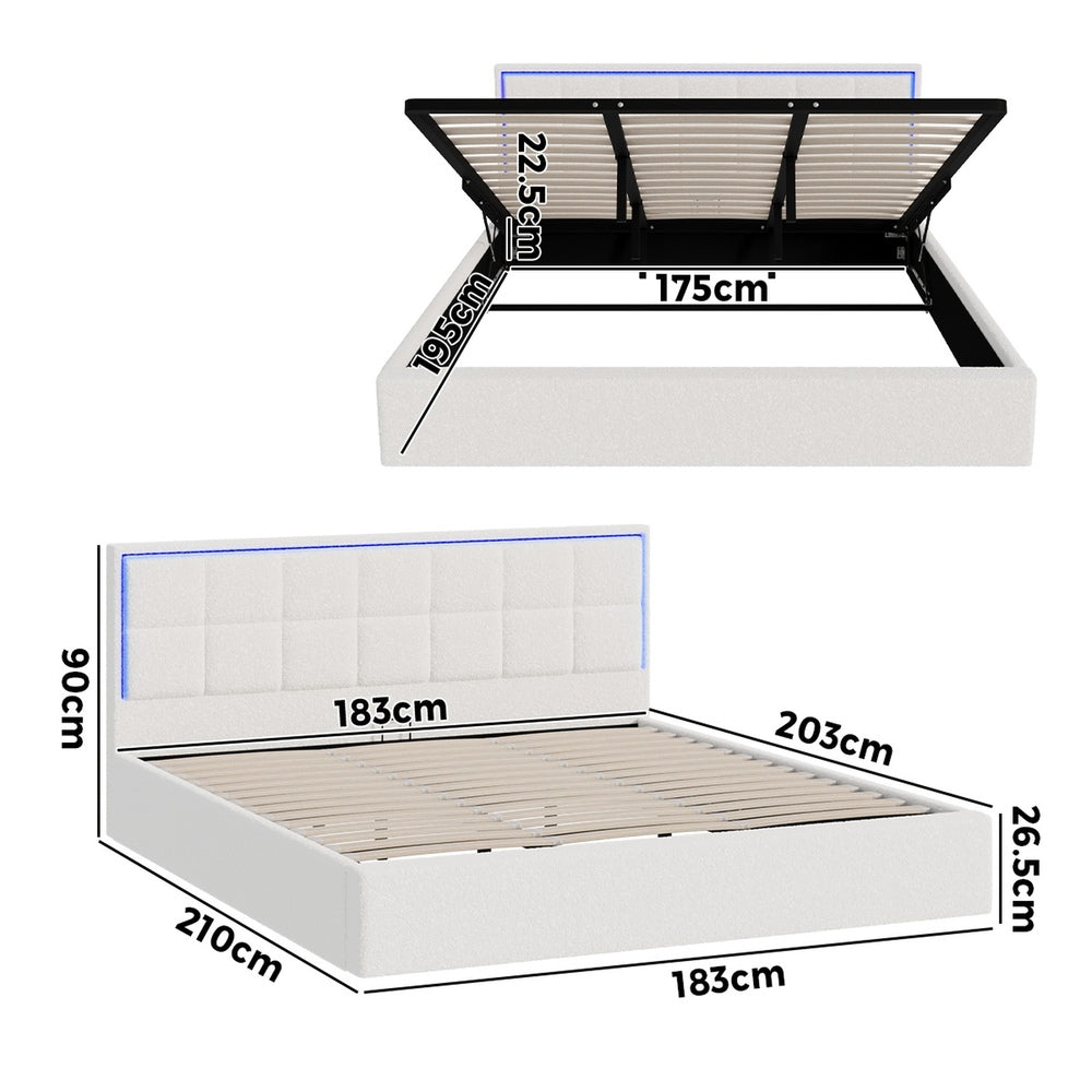 Oikiture Bed Frame King Size RGB LED Gas Lift Storage Base White Boucle