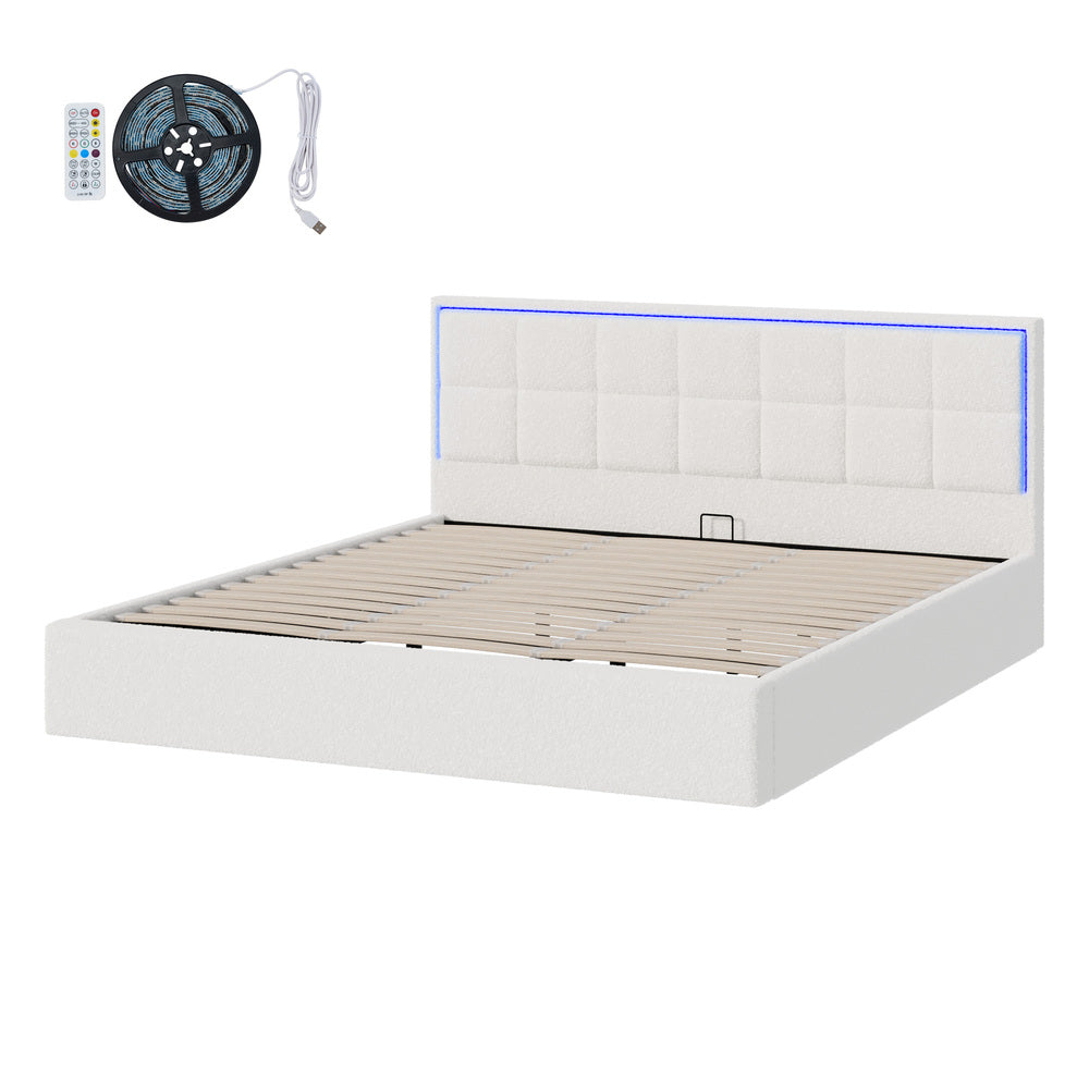 Oikiture Bed Frame King Size RGB LED Gas Lift Storage Base White Boucle