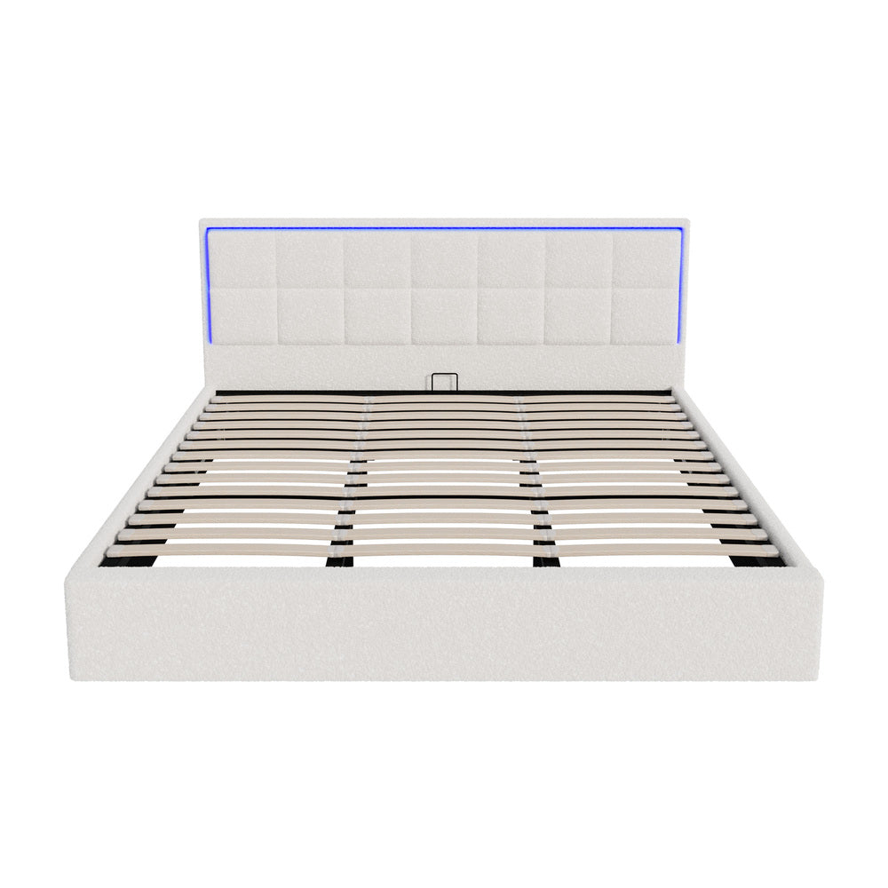 Oikiture Bed Frame King Size RGB LED Gas Lift Storage Base White Boucle