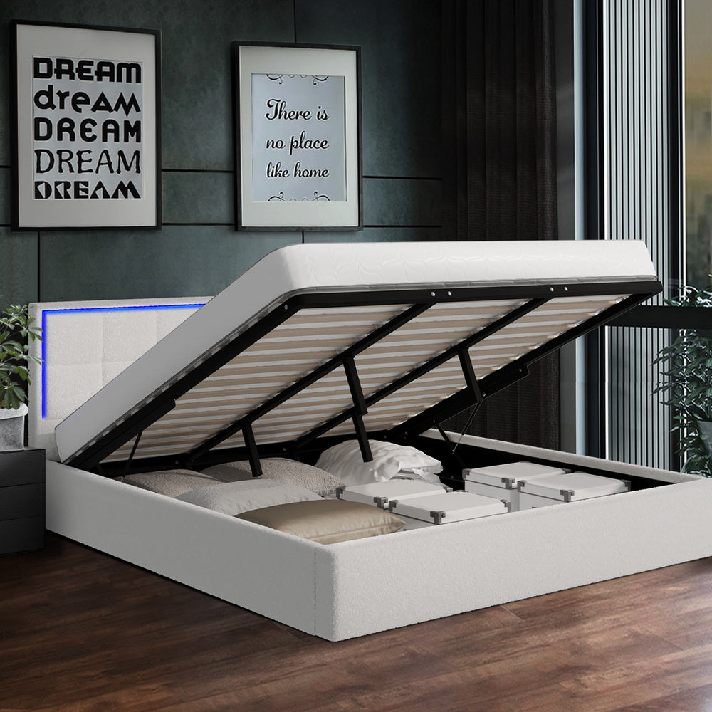Oikiture Bed Frame King Size RGB LED Gas Lift Storage Base White Boucle