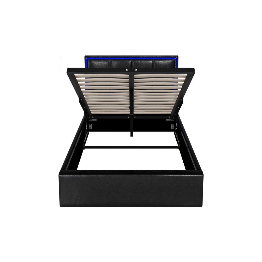 Oikiture Bed Frame King Single RGB LED Gas Lift Storage Base Leather