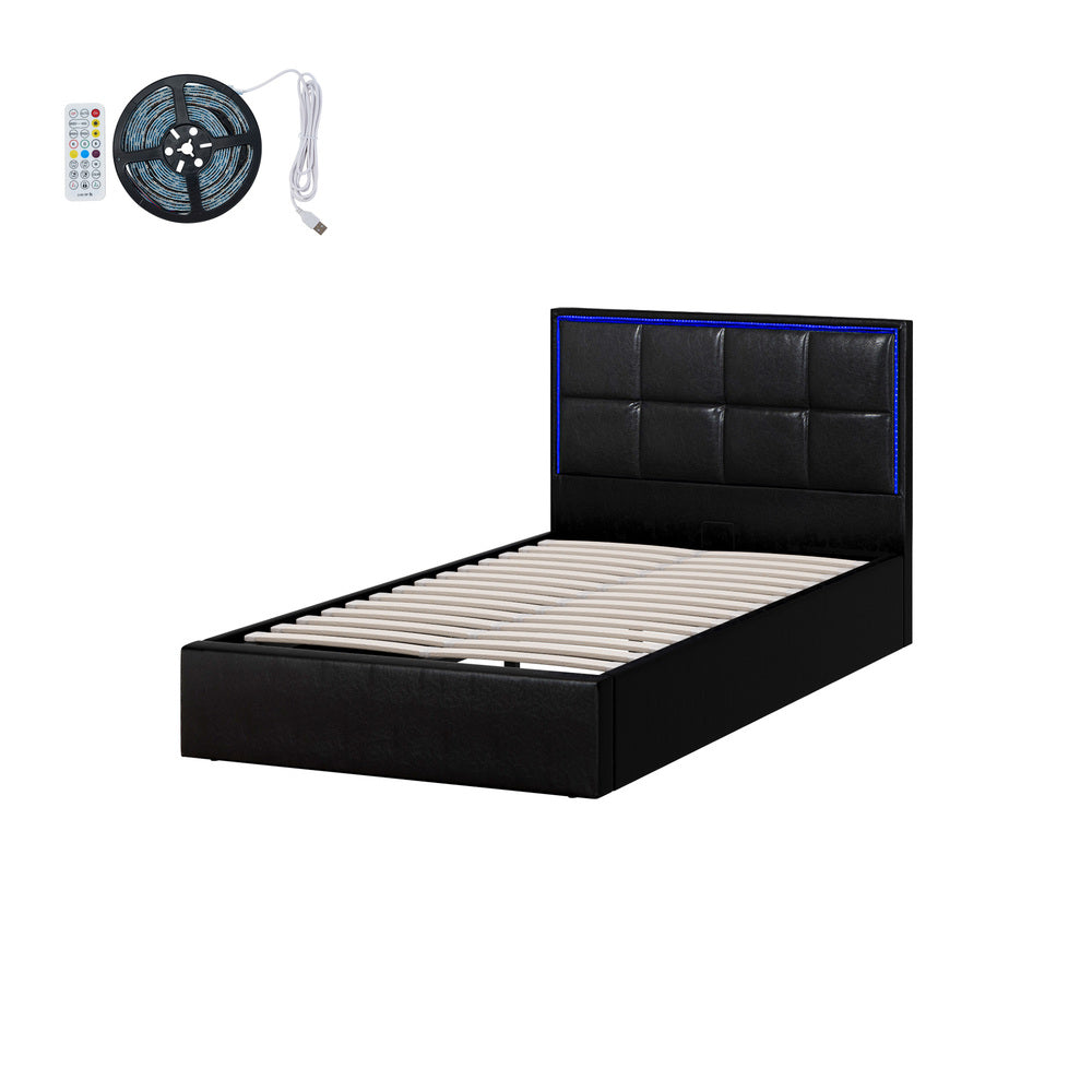 Oikiture Bed Frame King Single RGB LED Gas Lift Storage Base Leather