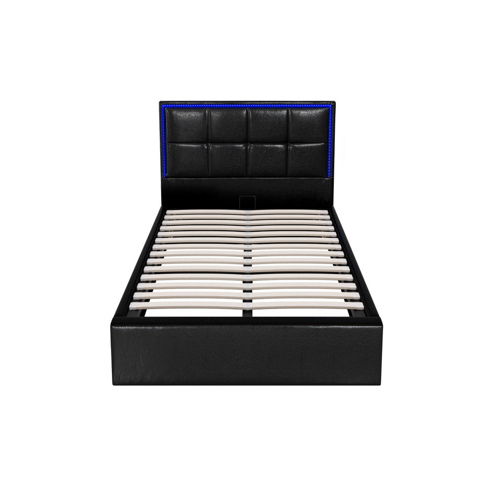 Oikiture Bed Frame King Single RGB LED Gas Lift Storage Base Leather