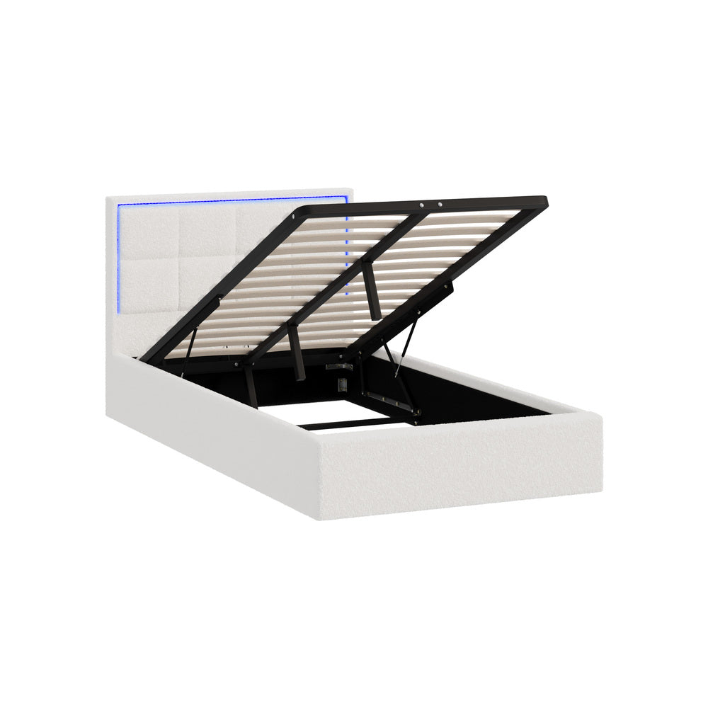 Oikiture Bed Frame King Single RGB LED Gas Lift Storage Base White Boucle