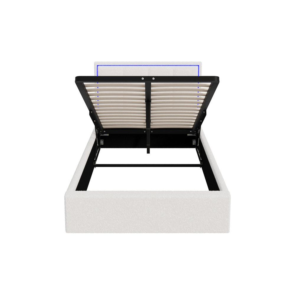 Oikiture Bed Frame King Single RGB LED Gas Lift Storage Base White Boucle