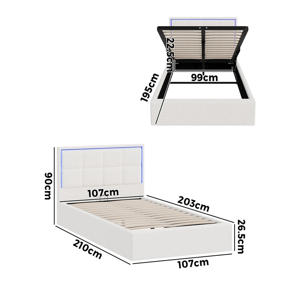 Oikiture Bed Frame King Single RGB LED Gas Lift Storage Base White Boucle