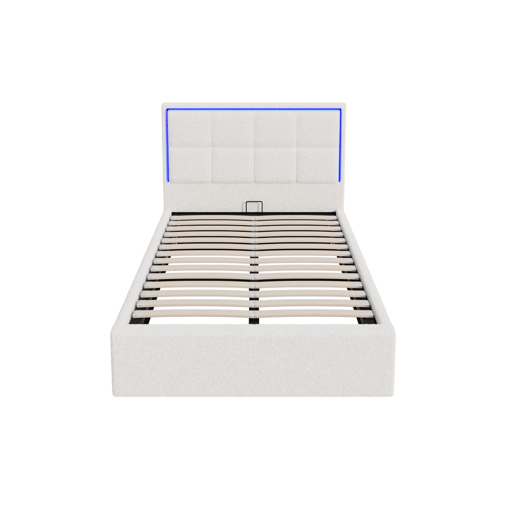 Oikiture Bed Frame King Single RGB LED Gas Lift Storage Base White Boucle