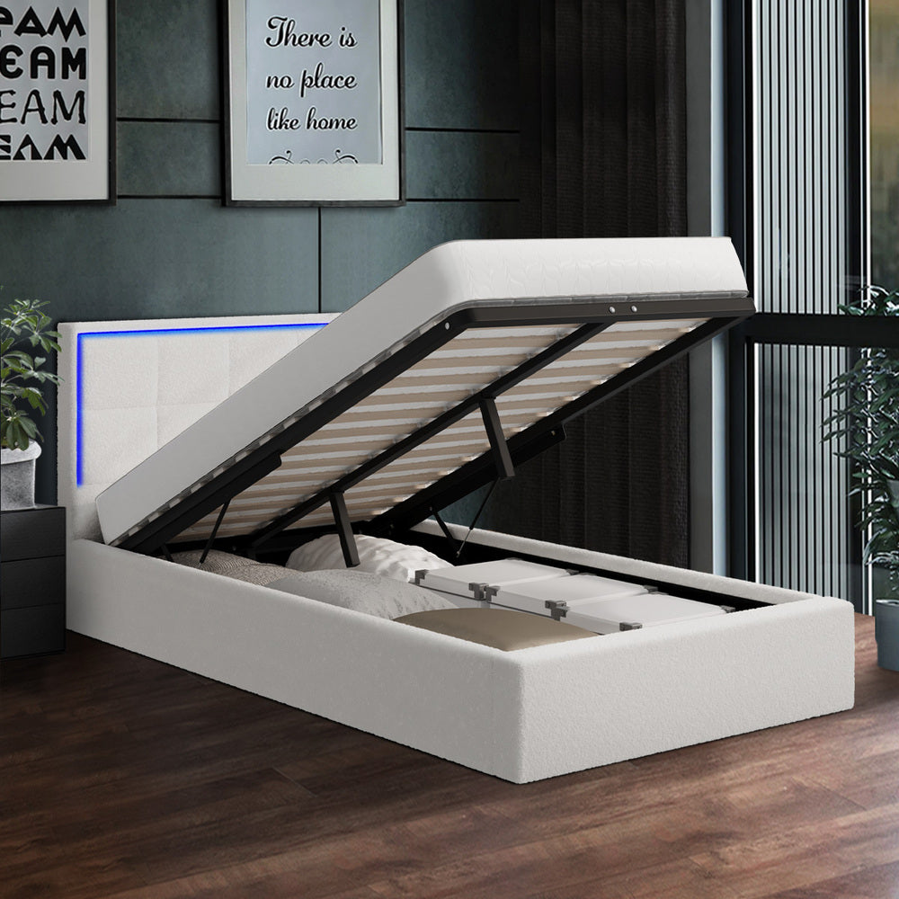 Oikiture Bed Frame King Single RGB LED Gas Lift Storage Base White Boucle