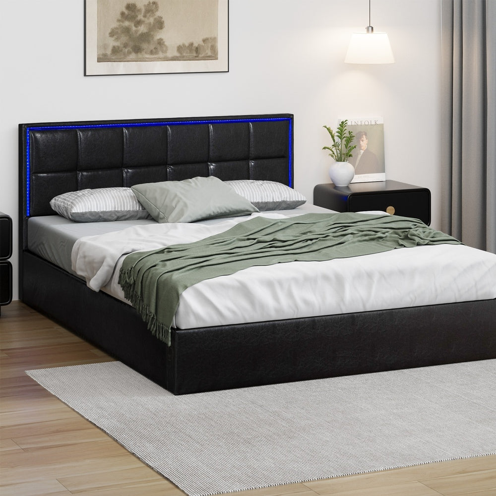 Oikiture Bed Frame Queen Size RGB LED Gas Lift Storage Base Leather