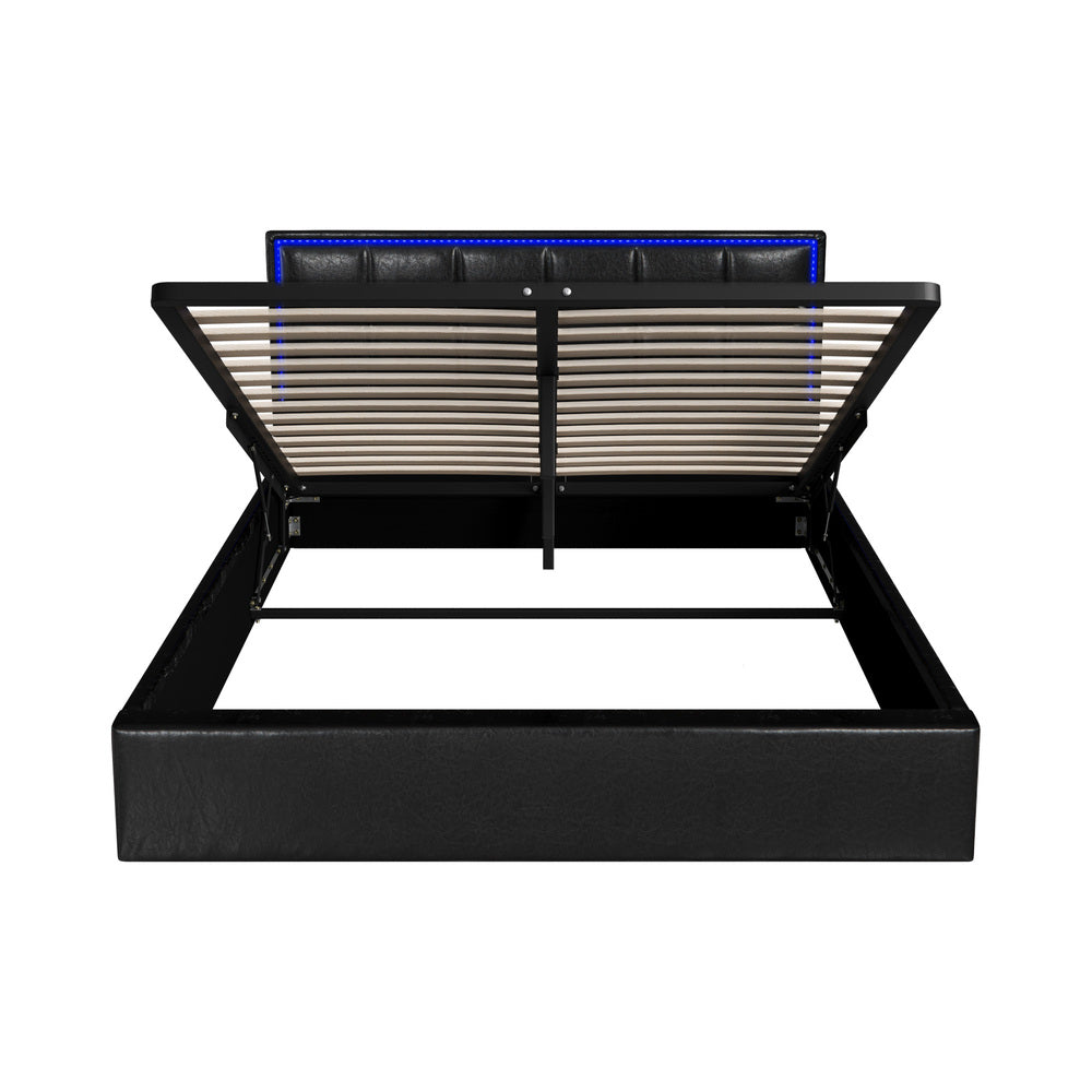 Oikiture Bed Frame Queen Size RGB LED Gas Lift Storage Base Leather