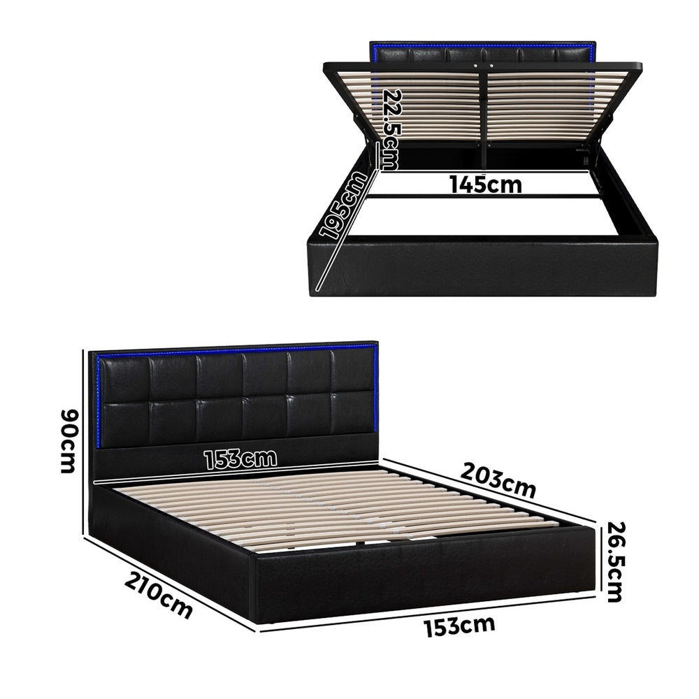 Oikiture Bed Frame Queen Size RGB LED Gas Lift Storage Base Leather