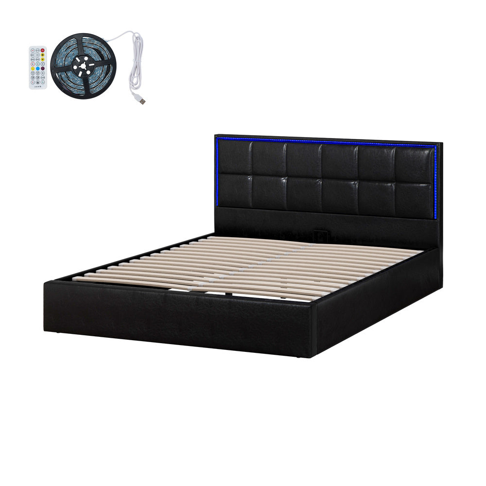 Oikiture Bed Frame Queen Size RGB LED Gas Lift Storage Base Leather