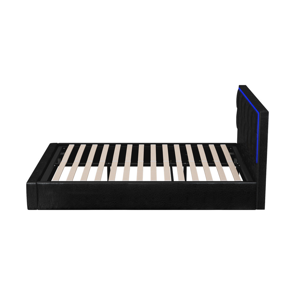 Oikiture Bed Frame Queen Size RGB LED Gas Lift Storage Base Leather