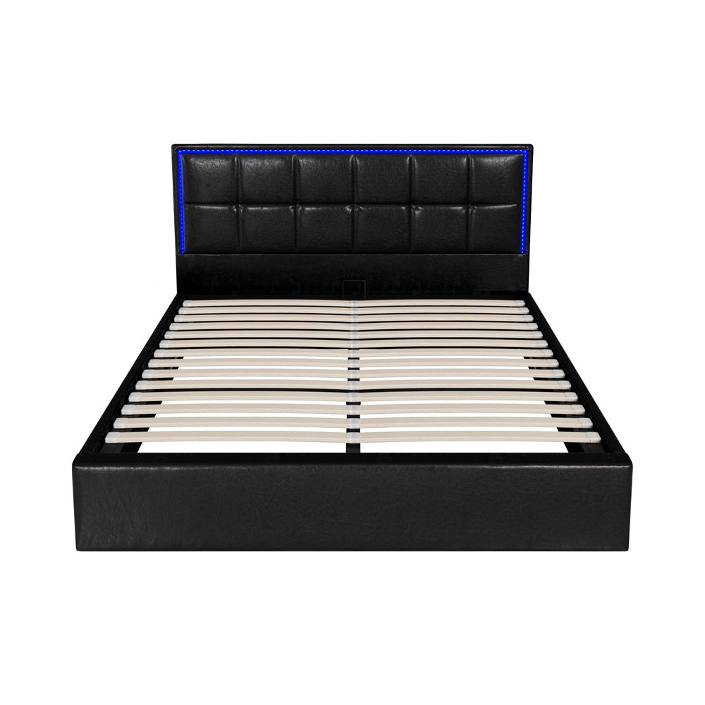Oikiture Bed Frame Queen Size RGB LED Gas Lift Storage Base Leather