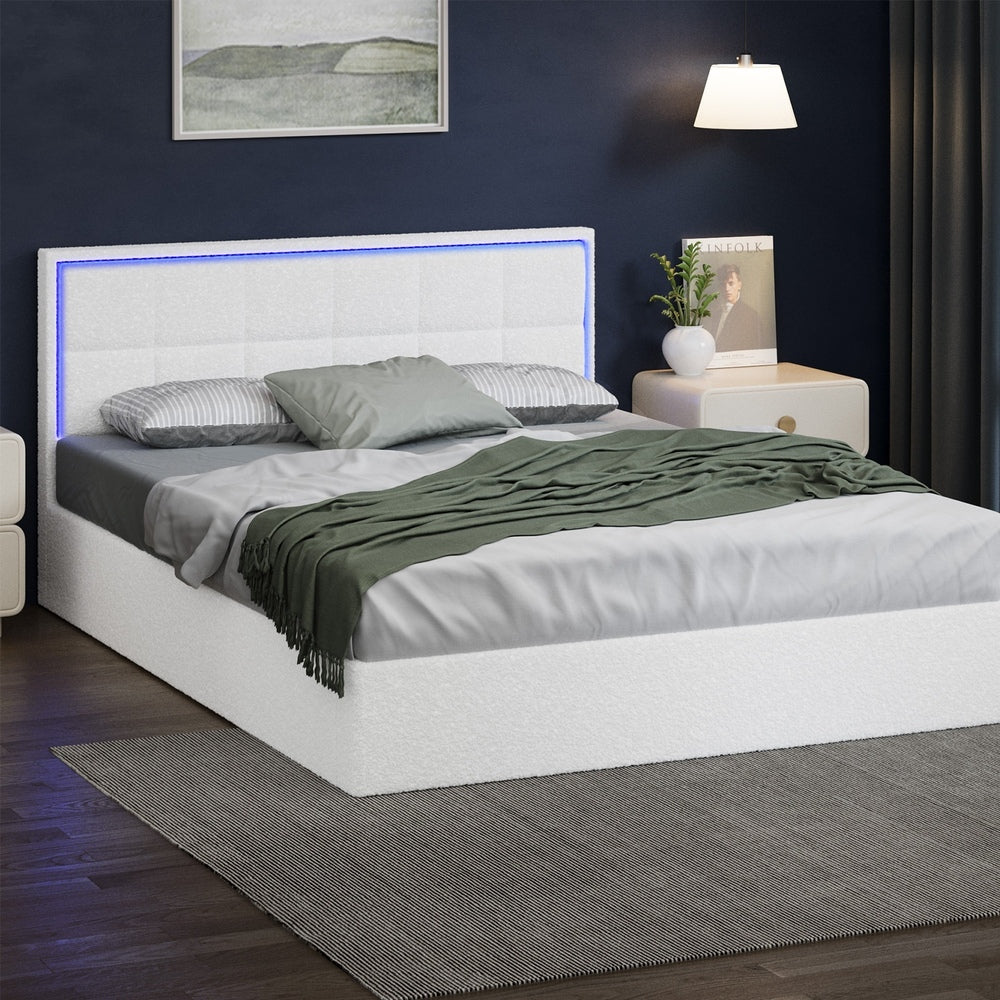 Oikiture Bed Frame Queen Size RGB LED Gas Lift Storage Base White Boucle