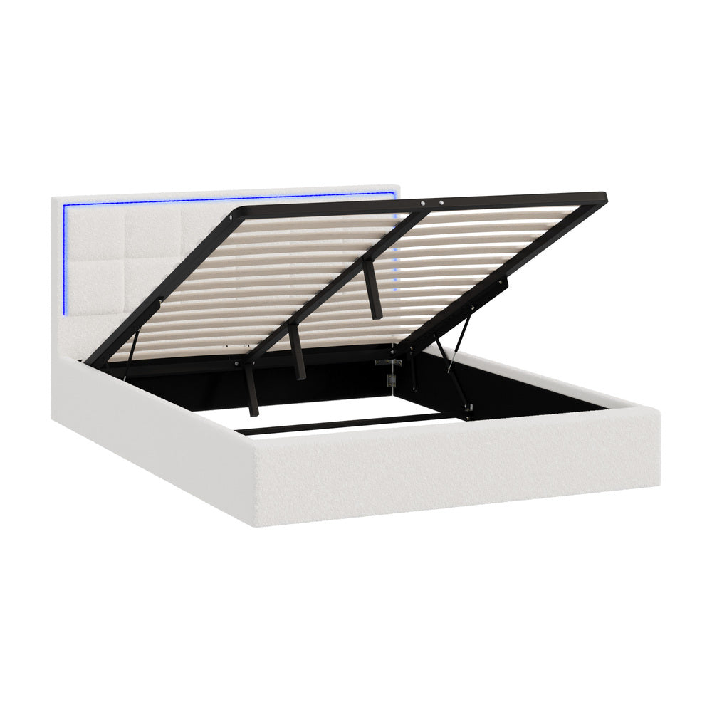 Oikiture Bed Frame Queen Size RGB LED Gas Lift Storage Base White Boucle