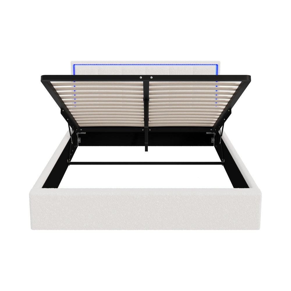 Oikiture Bed Frame Queen Size RGB LED Gas Lift Storage Base White Boucle