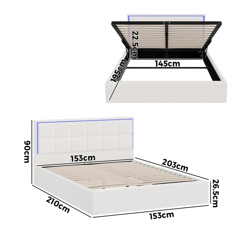 Oikiture Bed Frame Queen Size RGB LED Gas Lift Storage Base White Boucle
