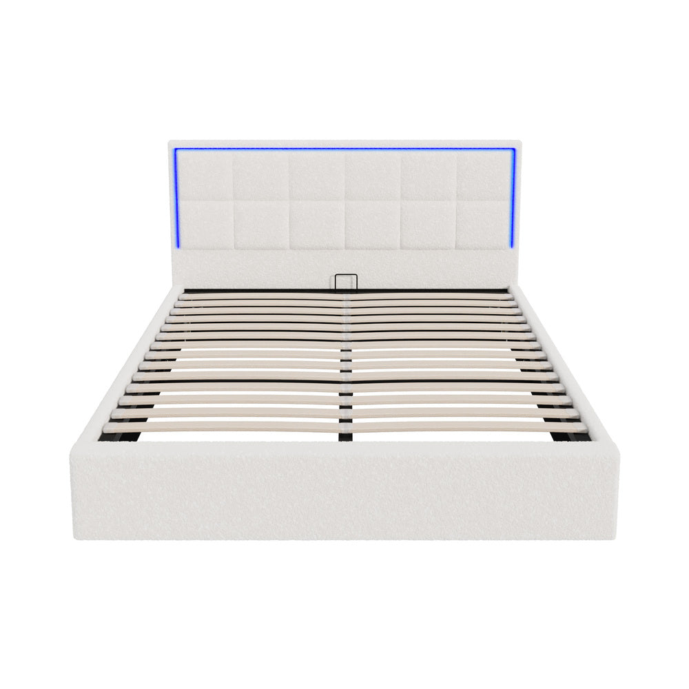 Oikiture Bed Frame Queen Size RGB LED Gas Lift Storage Base White Boucle