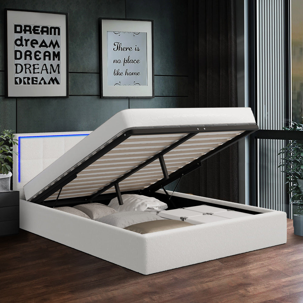 Oikiture Bed Frame Queen Size RGB LED Gas Lift Storage Base White Boucle