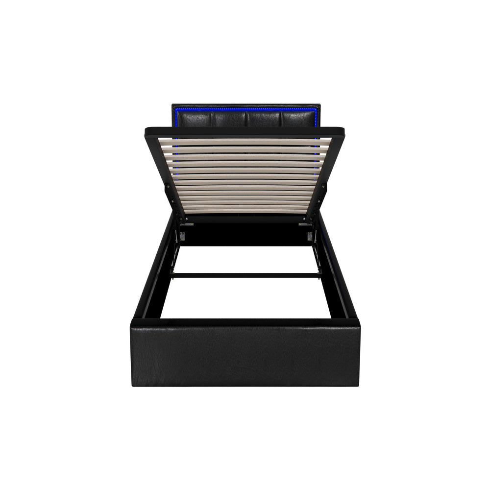 Oikiture Bed Frame Single Size RGB LED Gas Lift Storage Base Leather