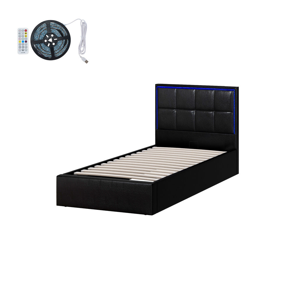 Oikiture Bed Frame Single Size RGB LED Gas Lift Storage Base Leather