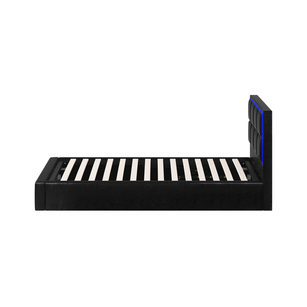 Oikiture Bed Frame Single Size RGB LED Gas Lift Storage Base Leather