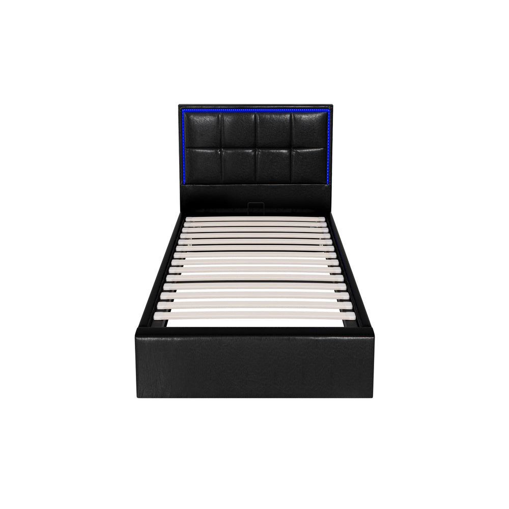 Oikiture Bed Frame Single Size RGB LED Gas Lift Storage Base Leather