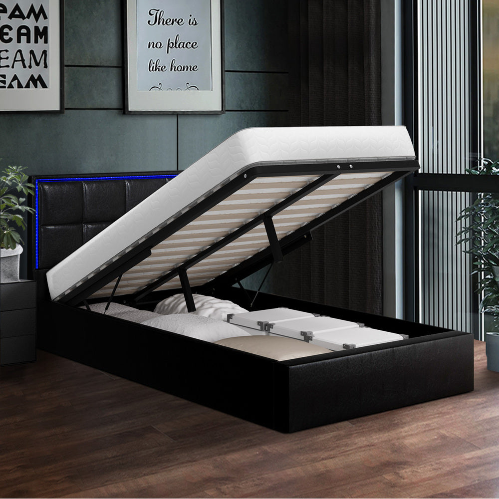 Oikiture Bed Frame Single Size RGB LED Gas Lift Storage Base Leather