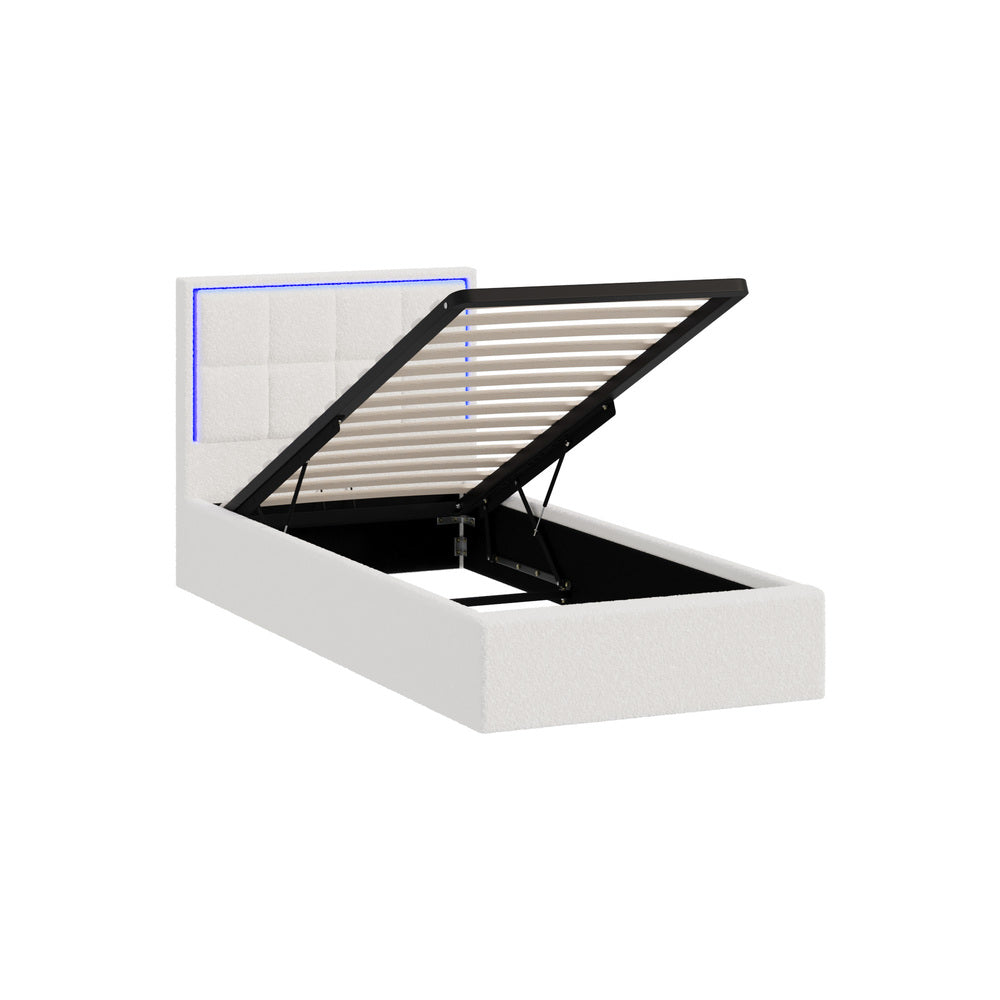 Oikiture Bed Frame Single Size RGB LED Gas Lift Storage Base White Boucle