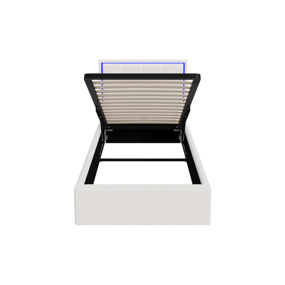 Oikiture Bed Frame Single Size RGB LED Gas Lift Storage Base White Boucle