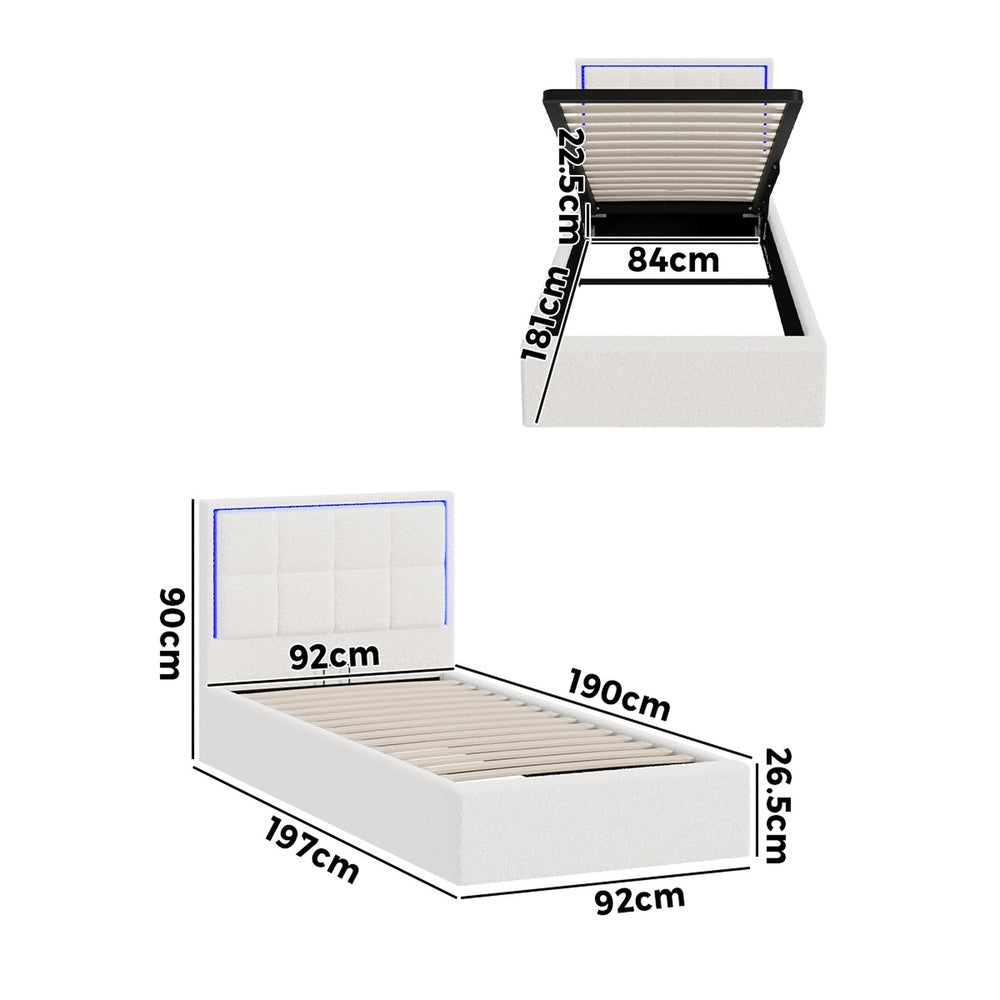 Oikiture Bed Frame Single Size RGB LED Gas Lift Storage Base White Boucle