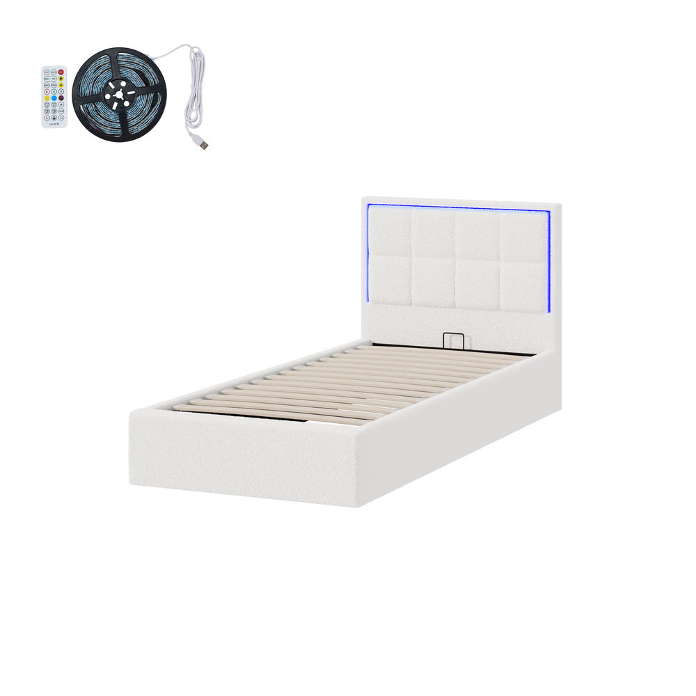 Oikiture Bed Frame Single Size RGB LED Gas Lift Storage Base White Boucle