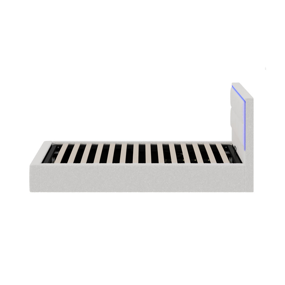 Oikiture Bed Frame Single Size RGB LED Gas Lift Storage Base White Boucle
