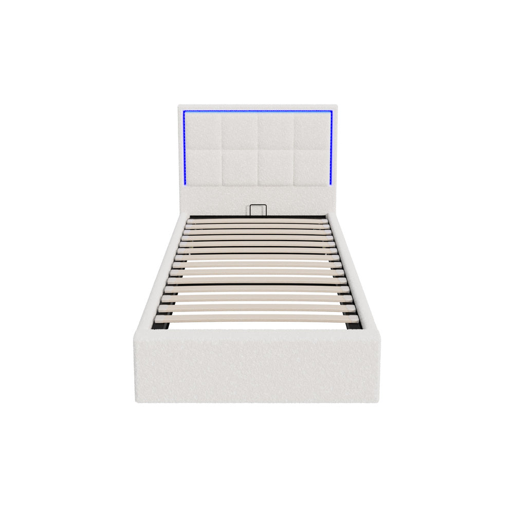 Oikiture Bed Frame Single Size RGB LED Gas Lift Storage Base White Boucle
