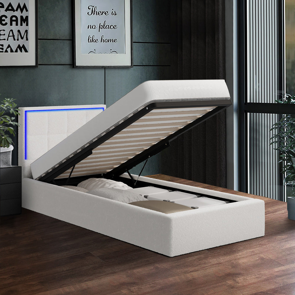 Oikiture Bed Frame Single Size RGB LED Gas Lift Storage Base White Boucle