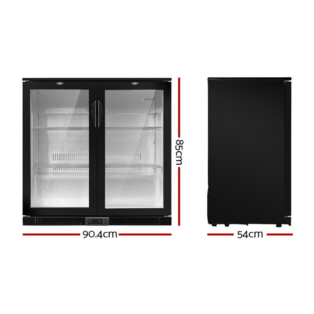Devanti 198L Bar Fridge Dual Glass Door w/Light Black