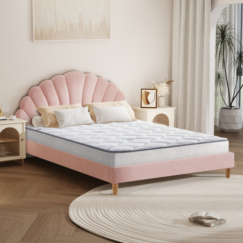 Oikiture Bed Frame with Mattress Double Size Pink Velvet