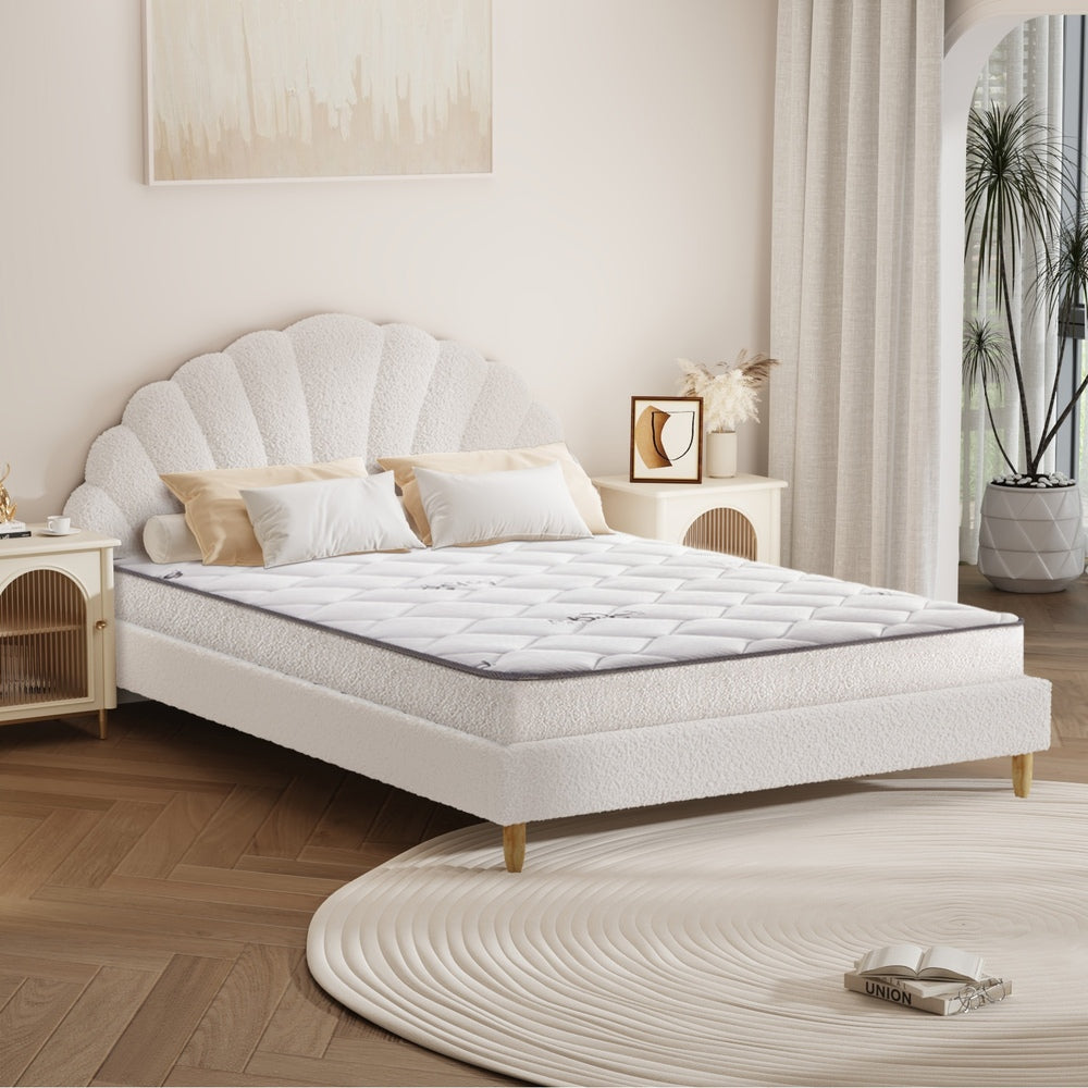 Oikiture Bed Frame with Mattress Double Size White Boucle