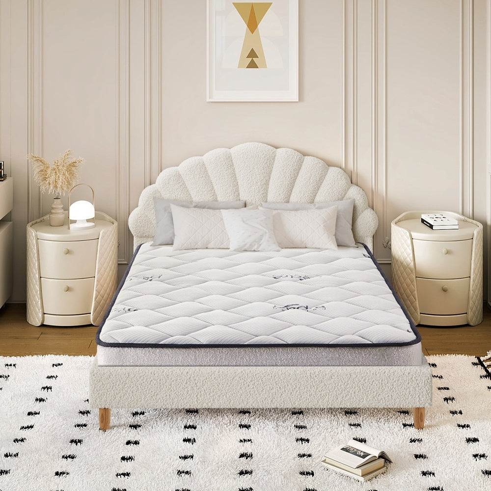 Oikiture Bed Frame with Mattress Double Size White Boucle