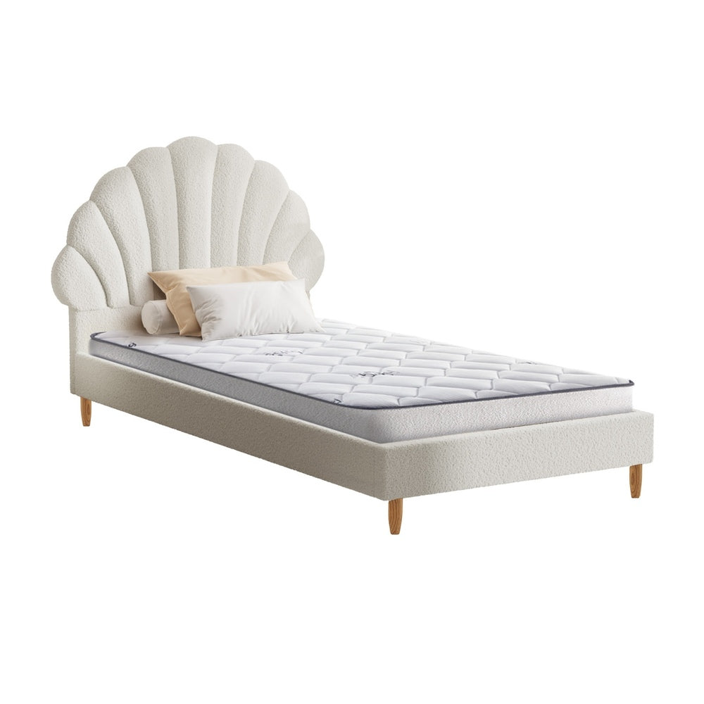 Oikiture Bed Frame with Mattress Single Size White Boucle