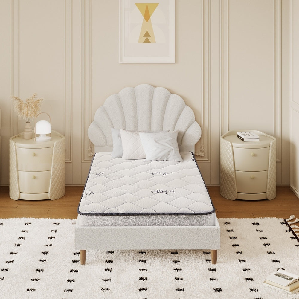 Oikiture Bed Frame with Mattress Single Size White Boucle