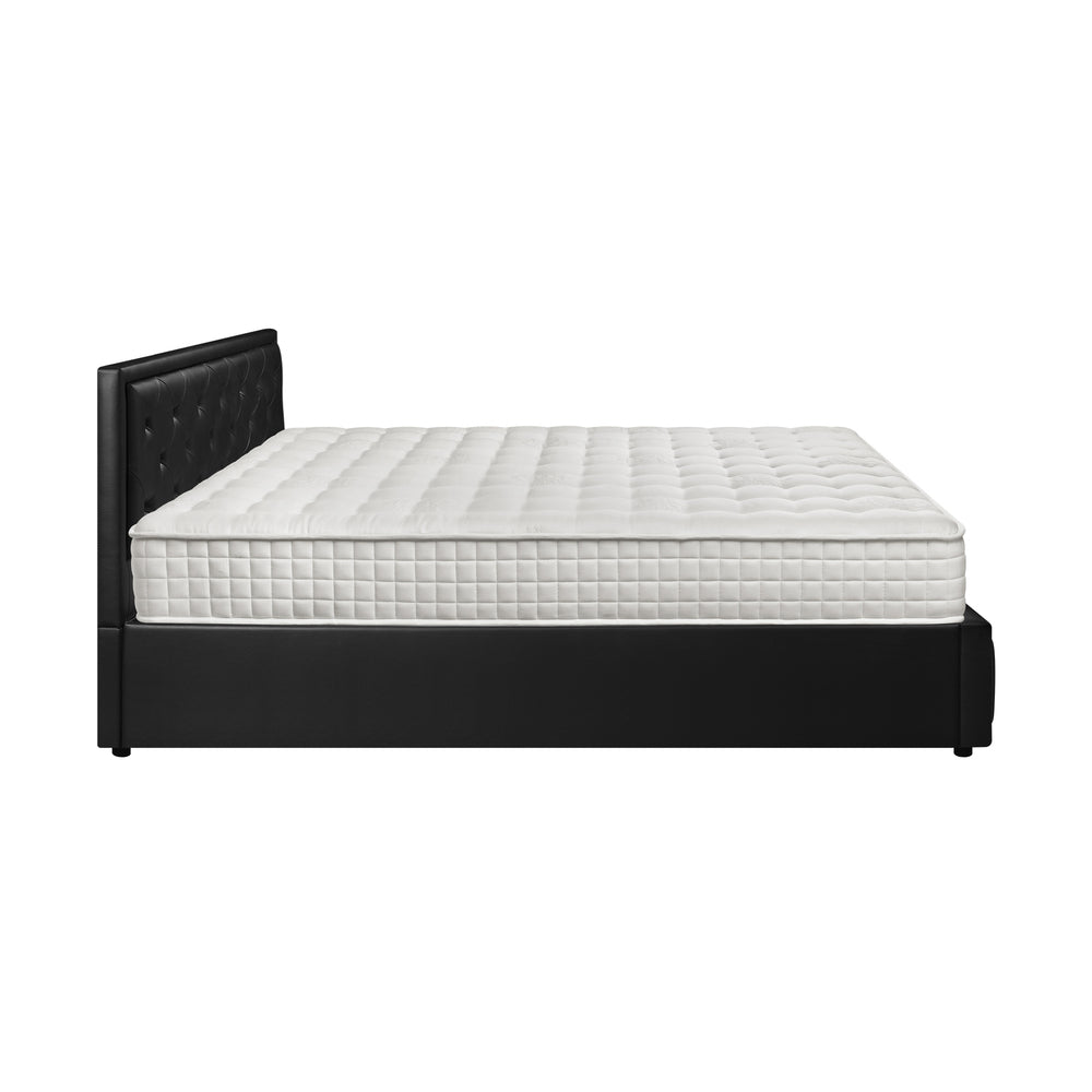 Oikiture Bed Frame with Mattress Double Size Gas Lift Black Leather