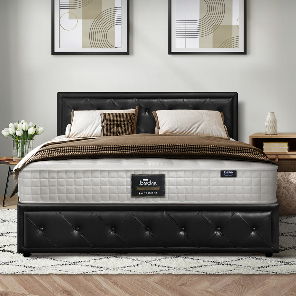 Oikiture Bed Frame with Mattress King Size Gas Lift Black Leather