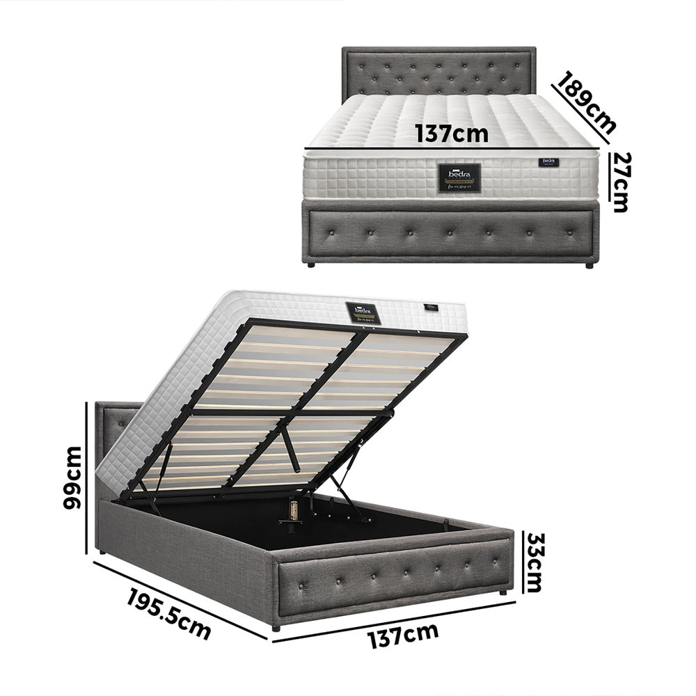 Oikiture Bed Frame with Mattress Double Size Gas Lift Grey Fabric