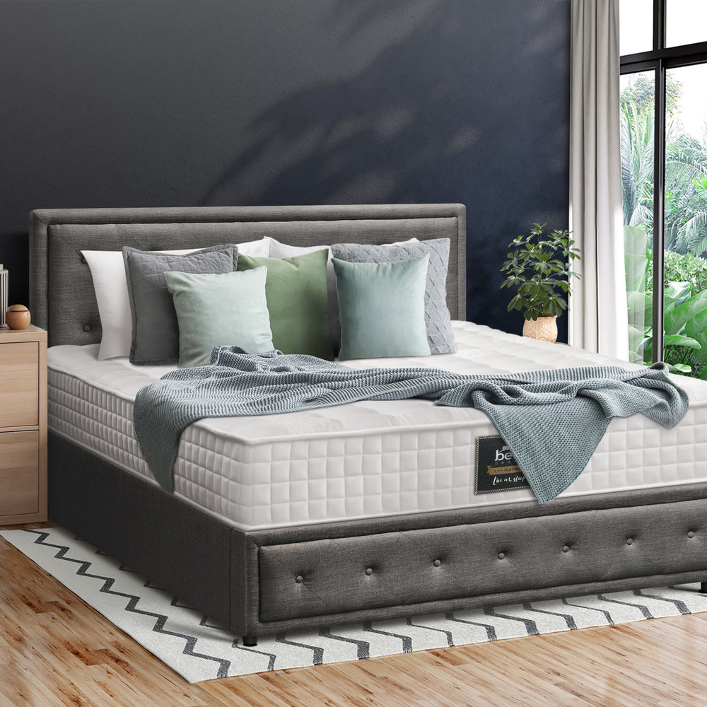 Oikiture Bed Frame with Mattress Queen Size Gas Lift Grey Fabric