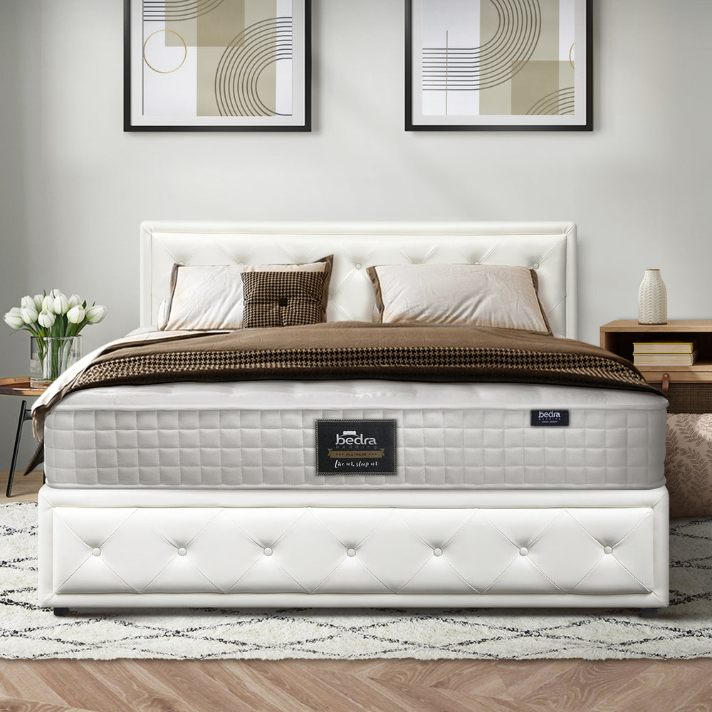Oikiture Bed Frame with Mattress Set Double Size Gas Lift White